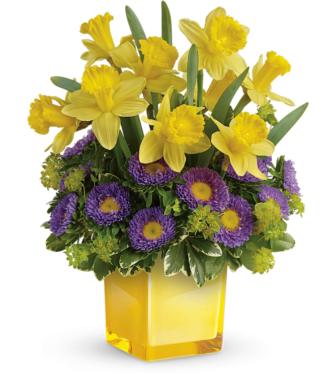 Bright yellow daffodils and purple flowers in a glass vase, perfect for free delivery in Florida areas.